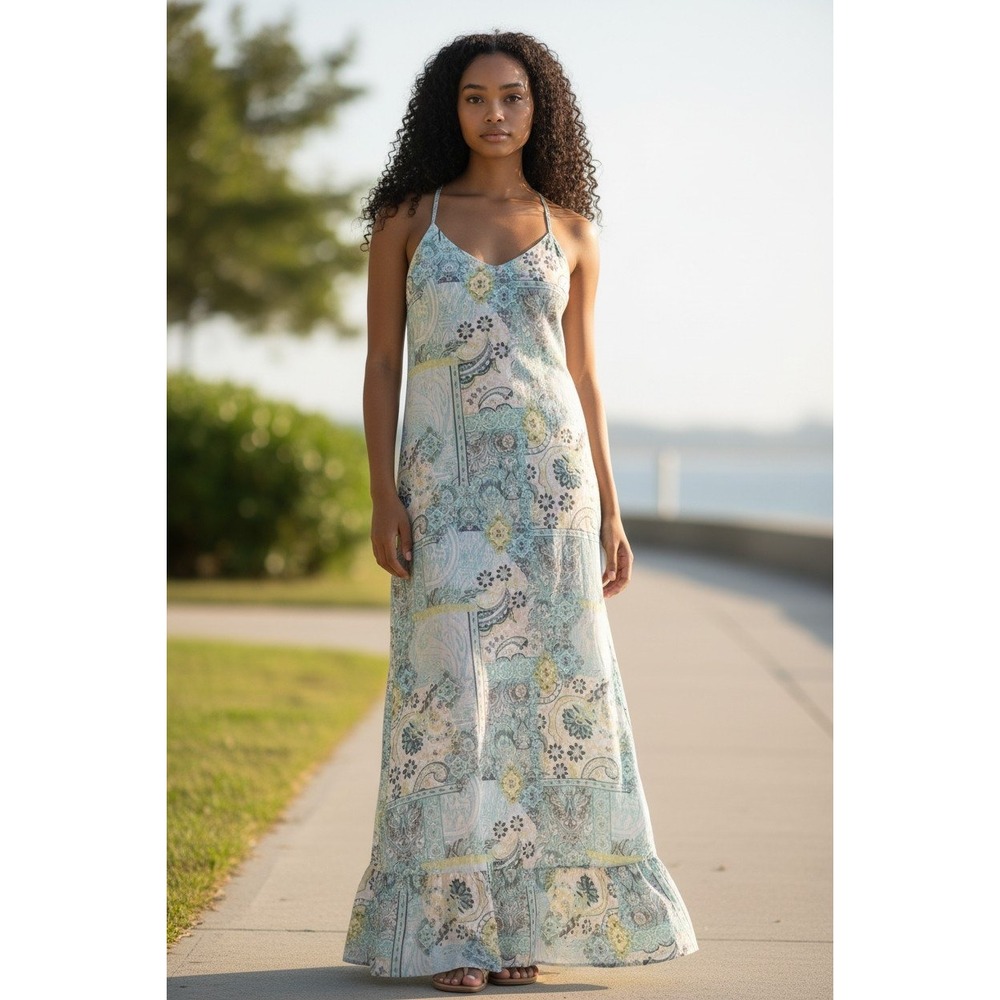 Cato Women Blue Paisley Patchwork Maxi Dress Crisscross Back Ruffle Hem Large